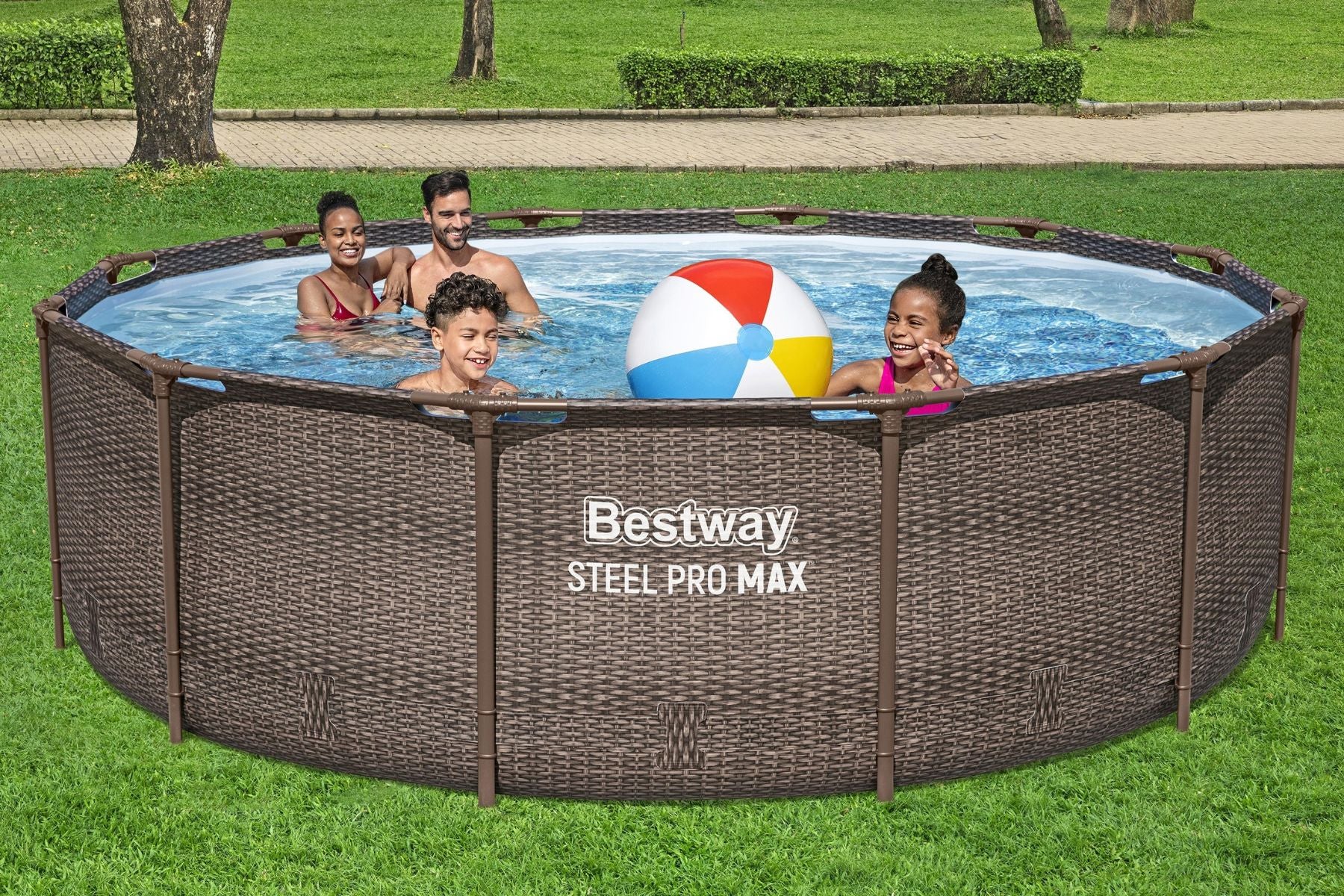 12ft x 39.5in Rattan Print Round Steel Pro Max Deluxe Above Ground Pool Set - Image 4
