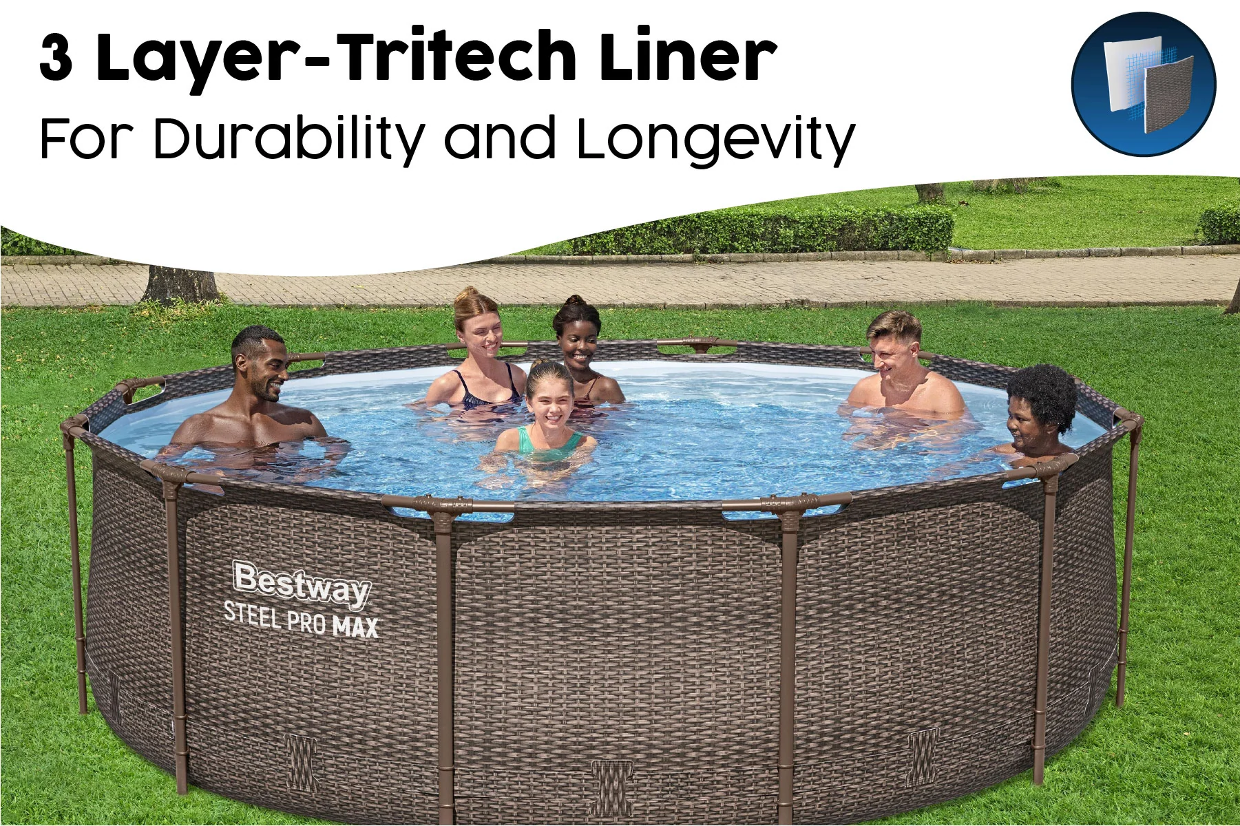 12ft x 39.5in Rattan Print Round Steel Pro Max Deluxe Above Ground Pool Set - Image 5