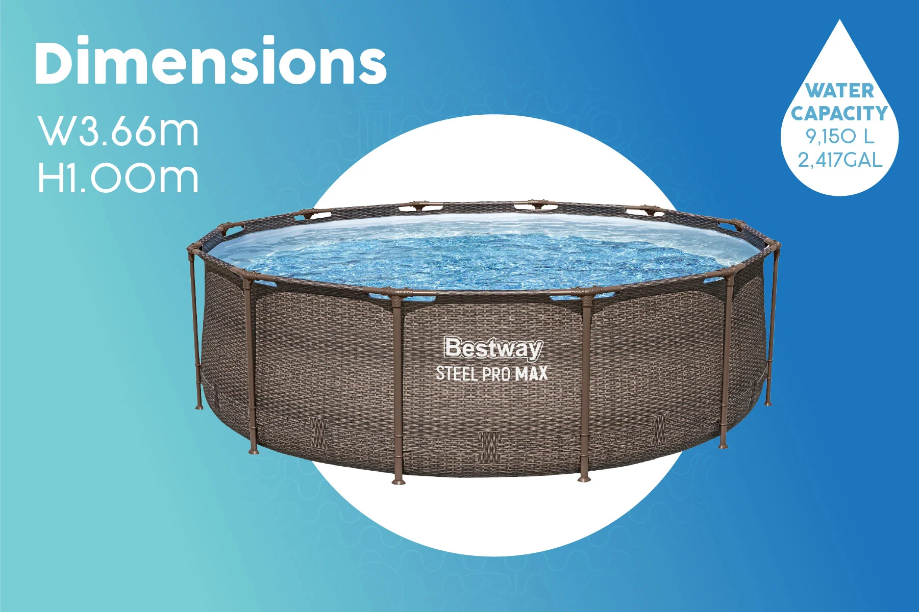 12ft x 39.5in Rattan Print Round Steel Pro Max Deluxe Above Ground Pool Set - Image 9