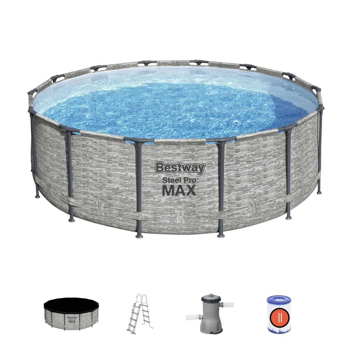 14ft x 48in Stone Print Round Steel Pro Max Above Ground Pool Set