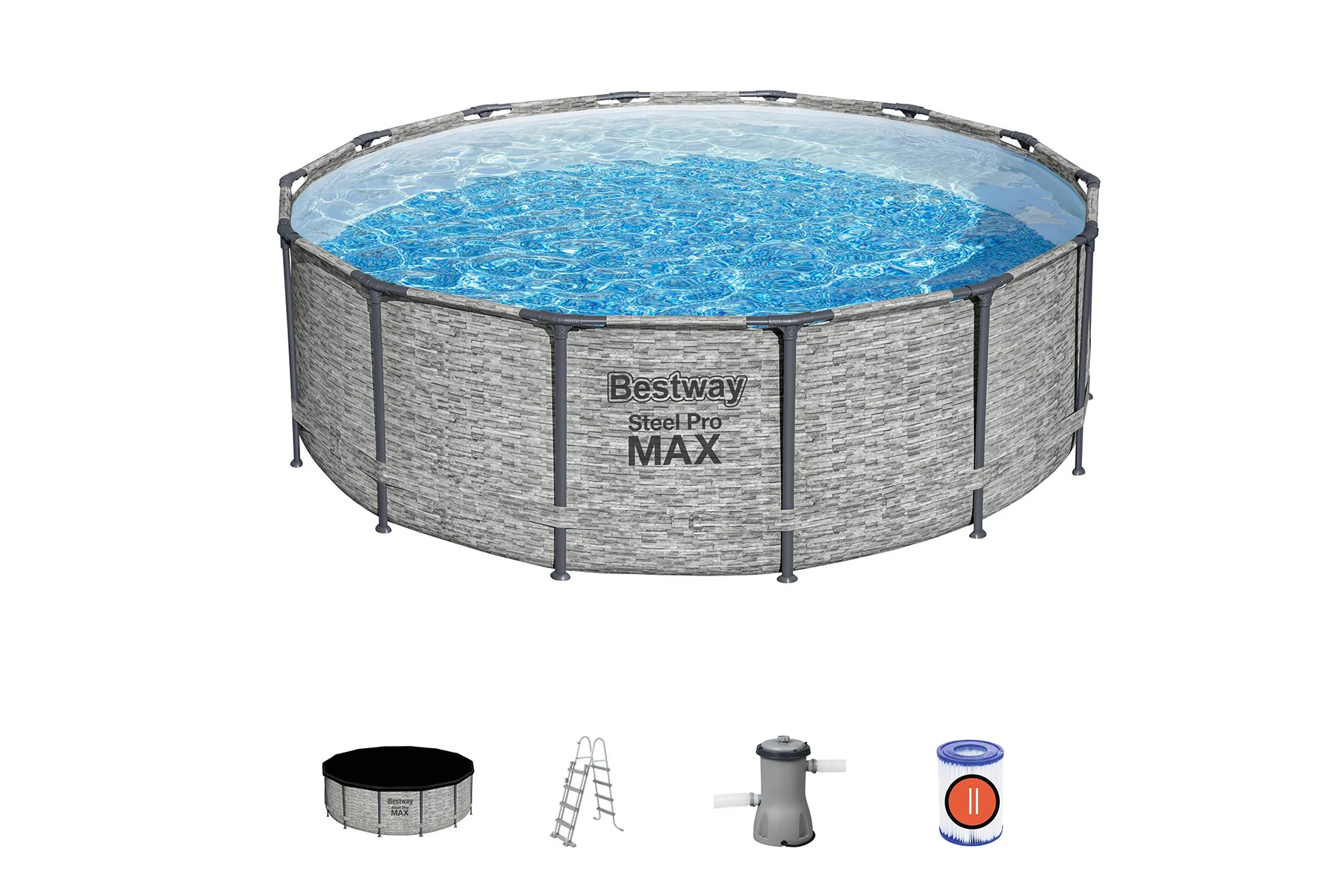 14ft x 48in Stone Print Round Steel Pro Max Above Ground Pool Set - Image 3
