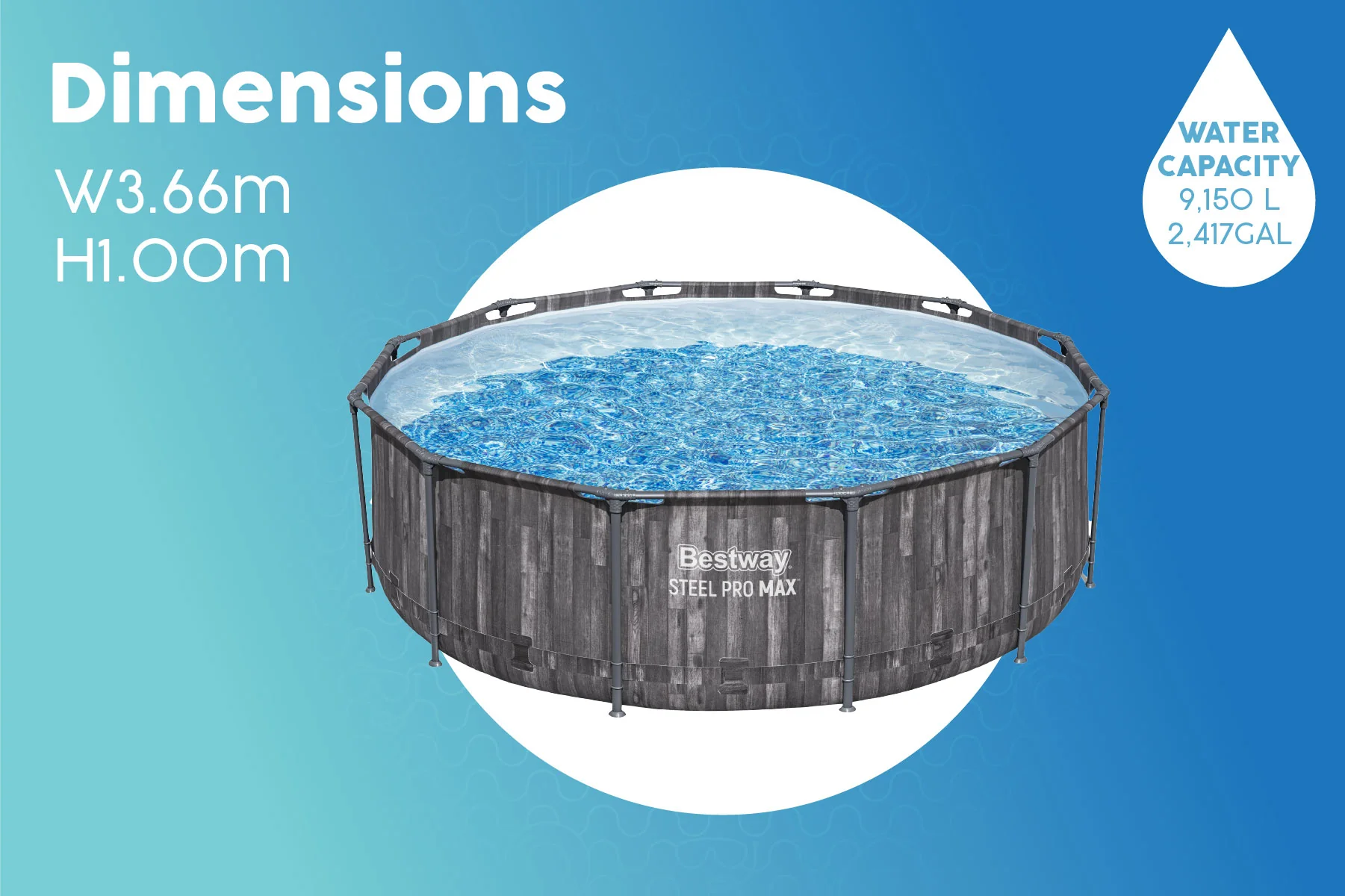 12ft x 39.5in Wood Print Round Steel Pro Max Above Ground Pool Set - Image 9