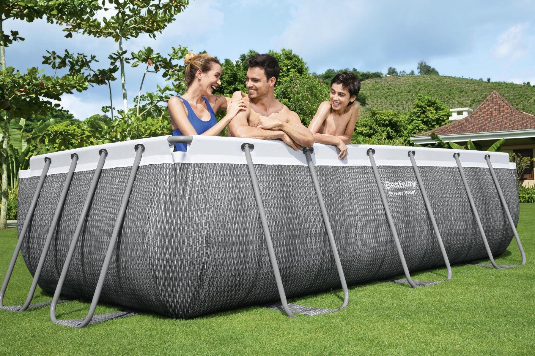 13.3ft x 39.5inch Rattan Print Rectangle Power Steel Above Ground Pool Set - Outlet - Image 4