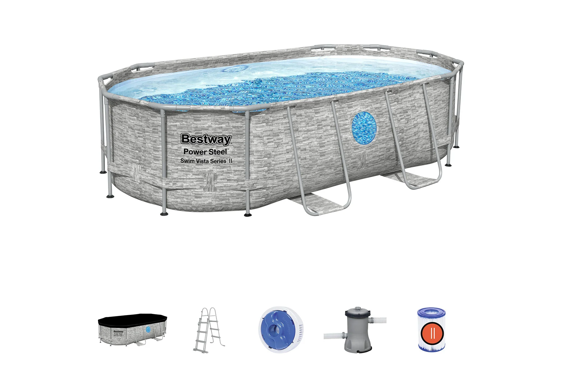 14ft x 39.5in Stone Print Oval Power Steel Swim Vista Above Ground Pool Set - Image 3