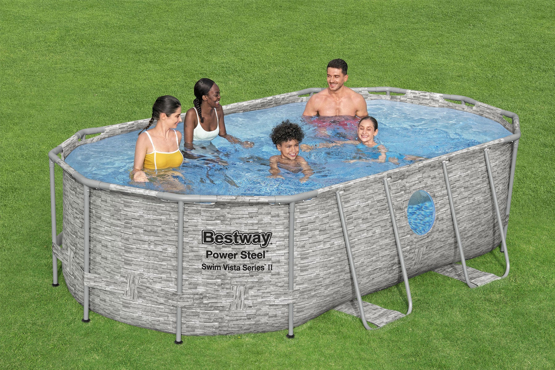 14ft x 39.5in Stone Print Oval Power Steel Swim Vista Above Ground Pool Set - Image 4