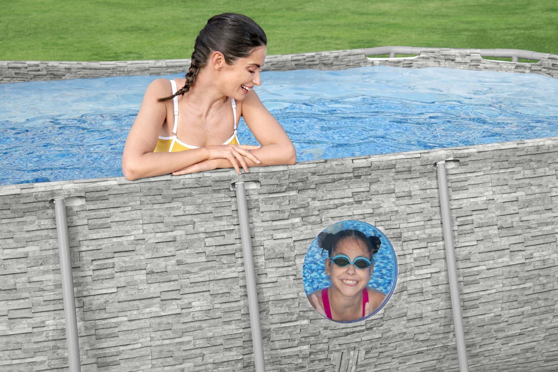 14ft x 39.5in Stone Print Oval Power Steel Swim Vista Above Ground Pool Set - Image 5