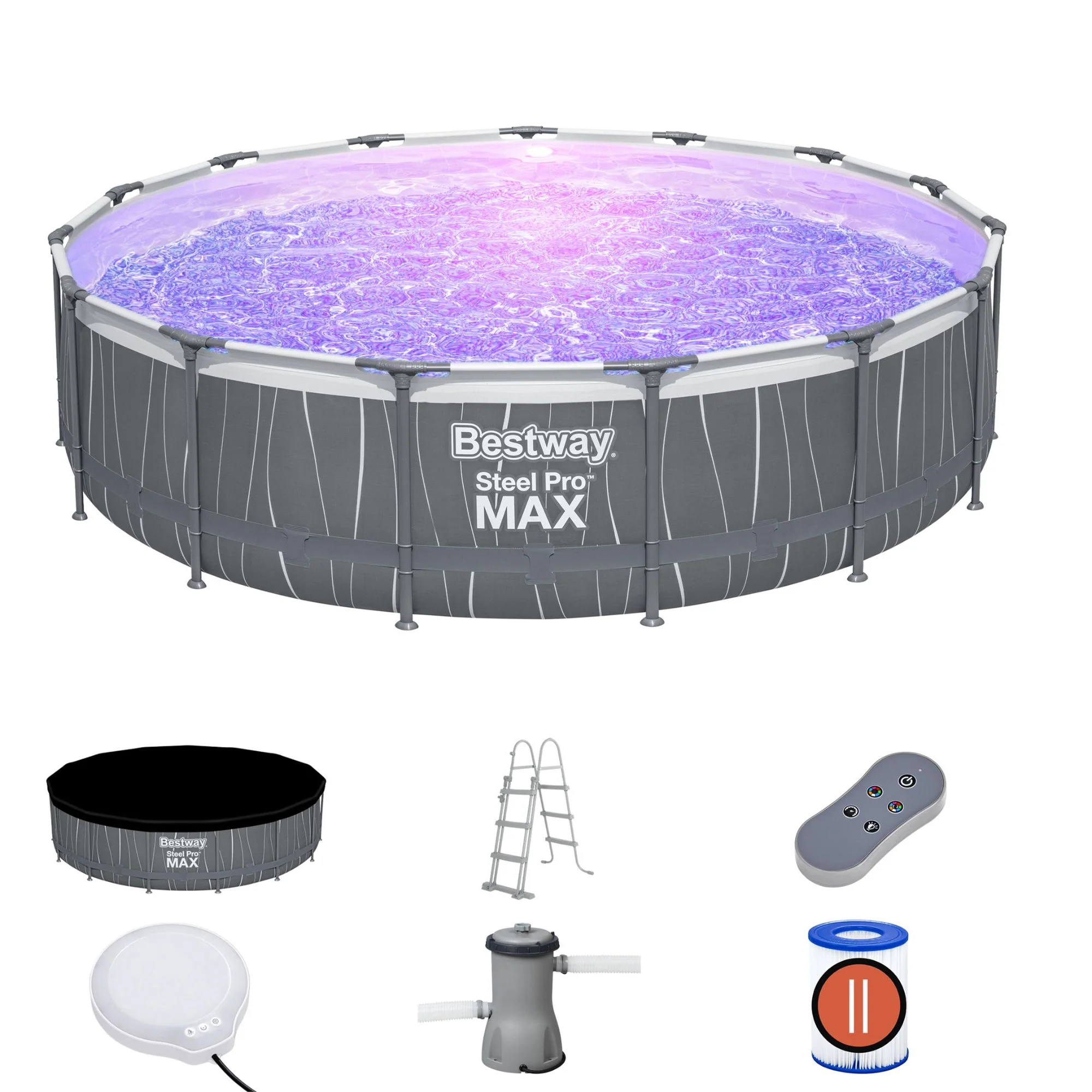 15ft x 42in Dark Grey LED Round Steel Pro Max Above Ground Pool Set