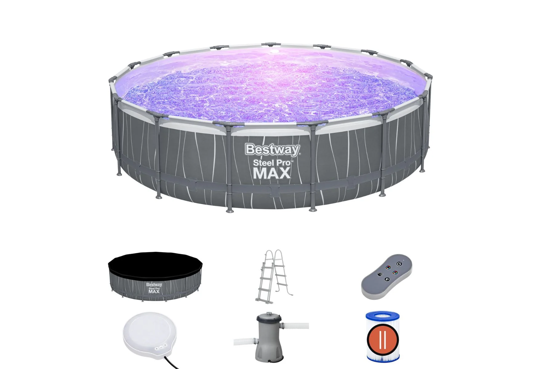 15ft x 42in Dark Grey LED Round Steel Pro Max Above Ground Pool Set - Image 3