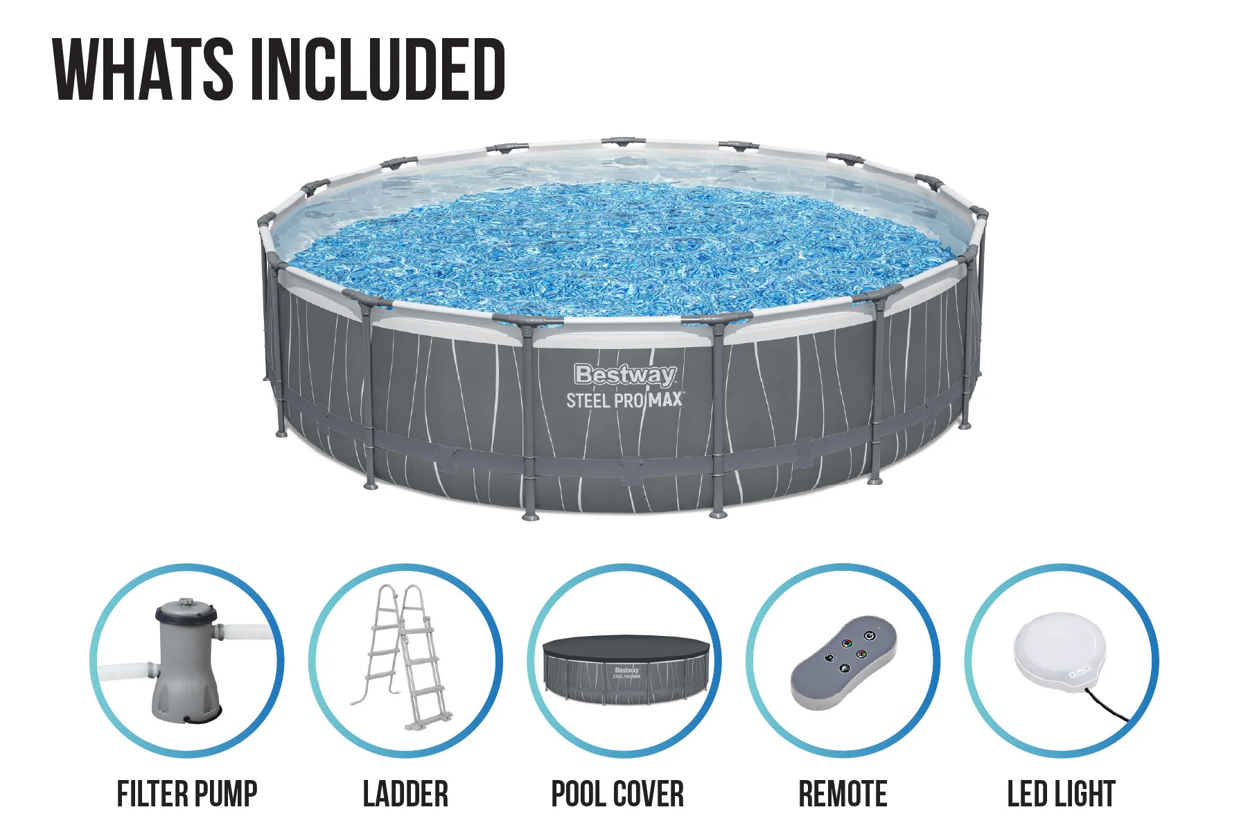 15ft x 42in Dark Grey LED Round Steel Pro Max Above Ground Pool Set - Image 7