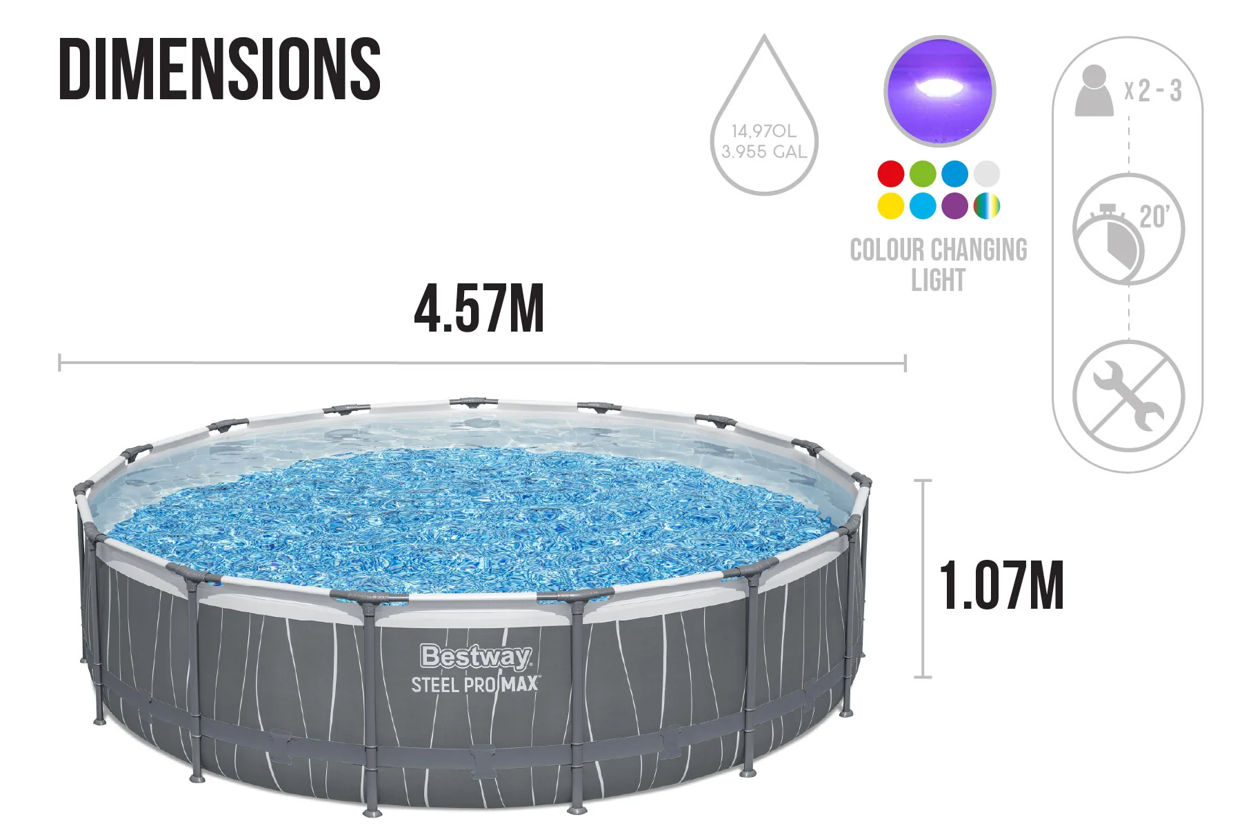 15ft x 42in Dark Grey LED Round Steel Pro Max Above Ground Pool Set - Image 9