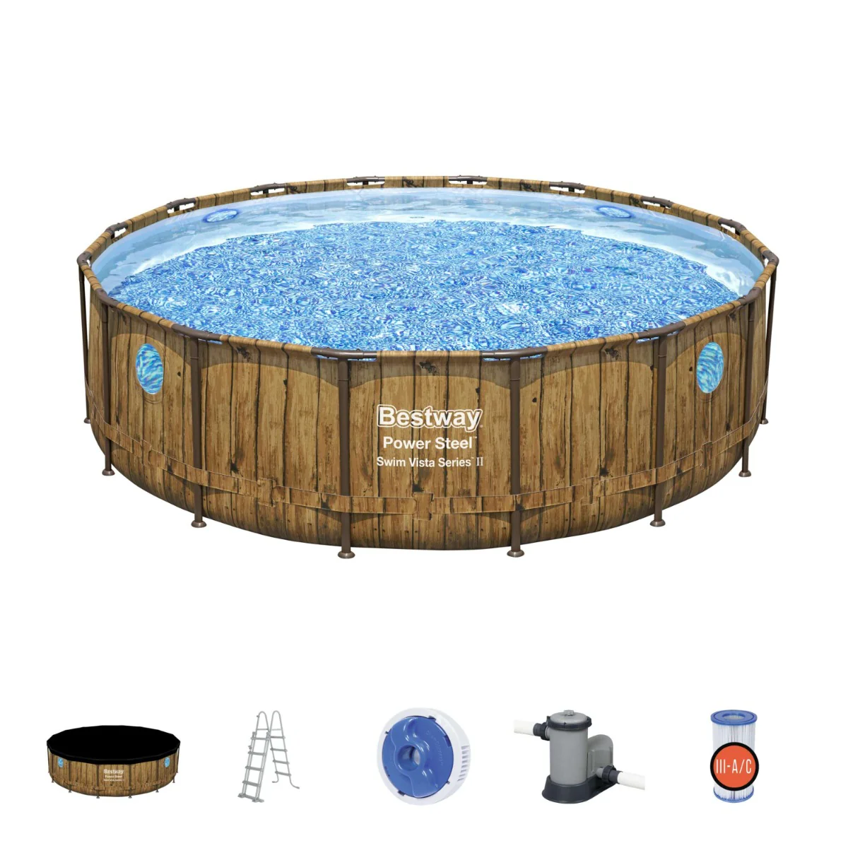 16ft x 48in Wood Print Round Power Steel Swim Vista Above Ground Pool Set