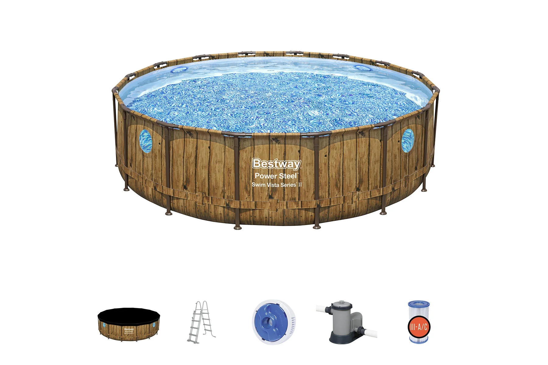 16ft x 48in Wood Print Round Power Steel Swim Vista Above Ground Pool Set - Image 3