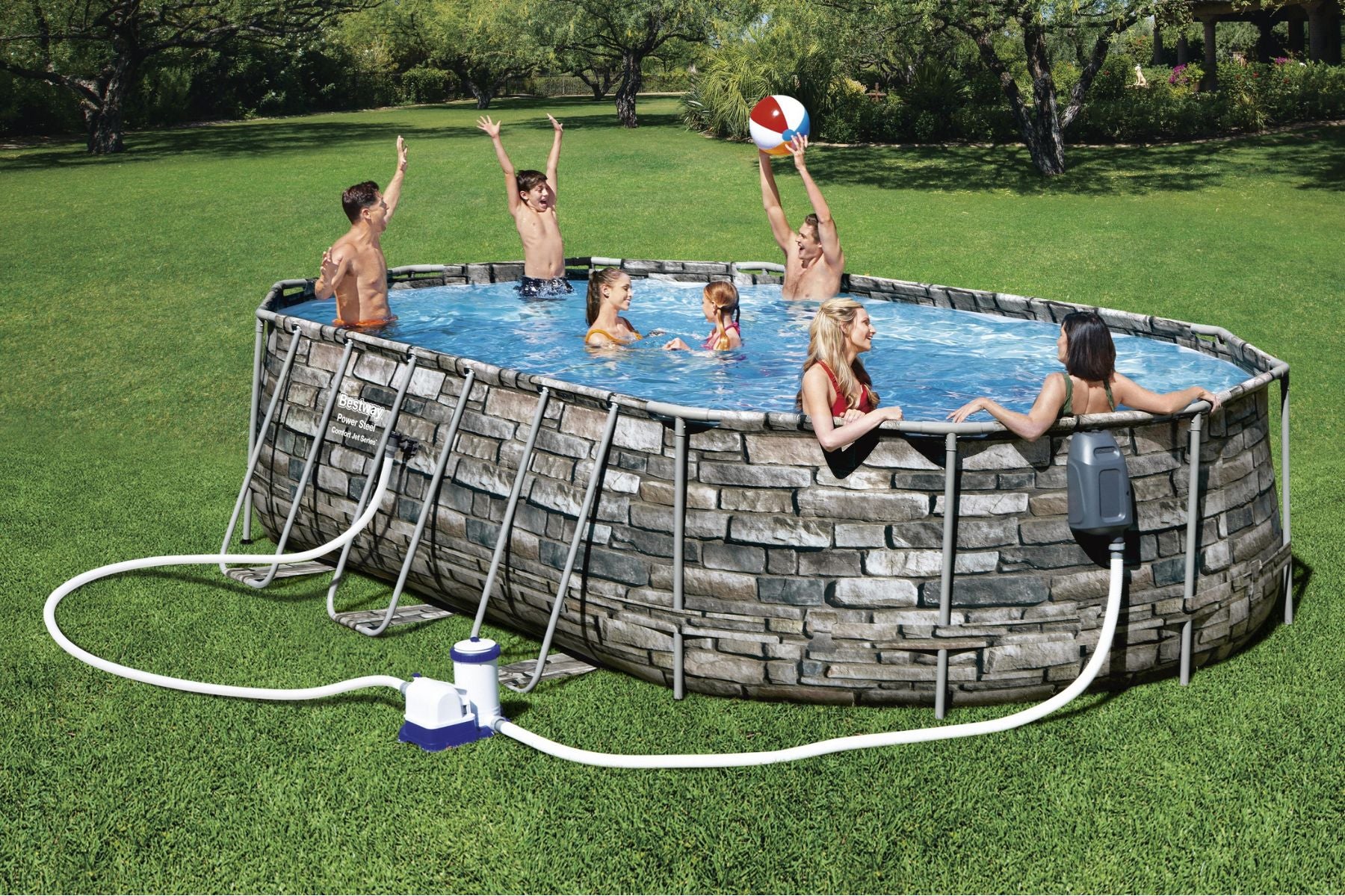 20ft x 48in Stone Print Oval Power Steel Comfort Jet Above Ground Pool Set - Image 4